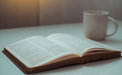 Fototapeta na wymiar open bible with a cup of coffee for morning with window light.