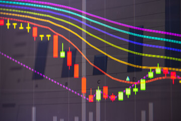 Fototapeta premium Abstract financial trading graphs and digital number of foreign exchange market trading on monitor. Background of gold and blue digital chart to represent stock market trend.