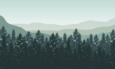Mountain view with realistic forest from the edge of the city on the sunrise. Vector illustration
