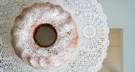 cottage cheese cake with powdered sugar. pastries, dessert for tea and coffee.