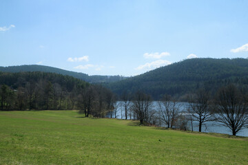 Fototapeta na wymiar The sunny day in the scenic south Bohemian nature by the Husinec dam in Czech Republic. 