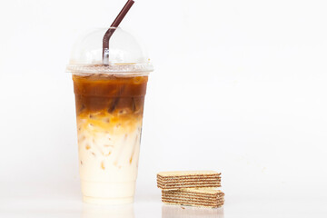 cold drinks iced white choc macchiato menu fresh roasted coffee colorful beverage with dessert snack wafer tasty decoration on background white 