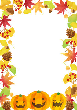 秋の植物やかぼちゃなどのハロウィンイメージのバクターイラストフレーム背景