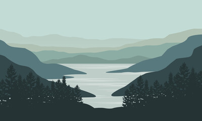Cool morning atmosphere with beautiful mountain views from the riverbank. Vector illustration