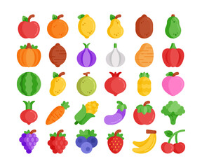 Simple set of 30 fruit and vegetables icons in detailed flat style.