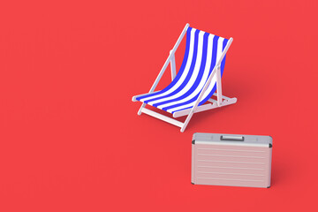 Suitcase near striped beach chair. Investing in tourism business. Summer vacation. Investment for travel companies. Copy space. 3d render
