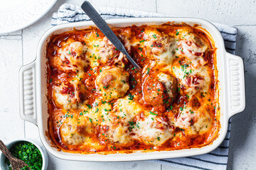 Baked cheesy meatballs casserole with tomato sauce in the oven dish, top view.
