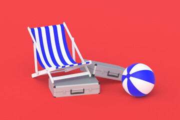 Suitcases near striped beach chair and ball. Investing in tourism business. Summer vacation. Investment for travel companies. 3d render