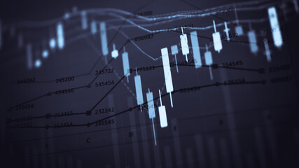 Charts of stock market instruments with various type of indicators and volume analysis for professional technical analysis on the monitor of a computer. Fundamental and technical analysis concept.	