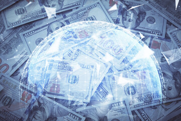 Multi exposure of business theme drawing over us dollars bill background. Concept of financial success.