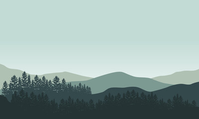 Mountain view with aesthetic pine tree silhouette in the morning from the suburbs. Vector illustration