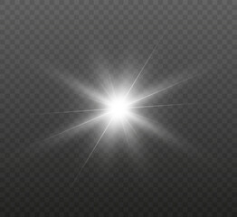 Obraz premium White glowing light explodes on a transparent background. Bright Star. Transparent shining sun, bright flash. Vector graphics. 