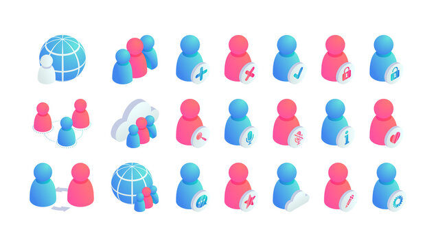 User isometric icons set. 3d Personal information, account settings and protection, user search, web profile safety icon. Vector social media app infographic. Global business, people teamwork symbol