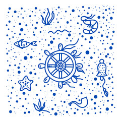 Marine life pattern in vector. Hand-drawn illustration of a rudder from a ship, the bottom of the sea. Sea background with inhabitants. Vector illustration