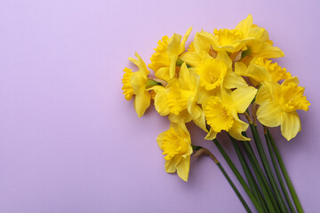 Beautiful daffodil bouquet on violet background, top view. Space for text