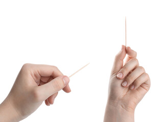 Collage with photos of women holding wooden toothpicks on white background, closeup