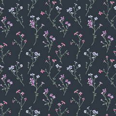 Fototapeta na wymiar Beautiful seamless floral pattern with gentle watercolor hand drawn purple wild field flowers. Stock illustration.