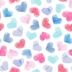 Beautiful seamless pattern with gentle watercolor hand drawn purple pink blue hearts. Stock illustration.