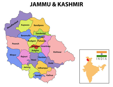Jammu and Kashmir map. District map of Jammu and Kashmir in 2020. District map of Jammu and Kashmir in color with capital.