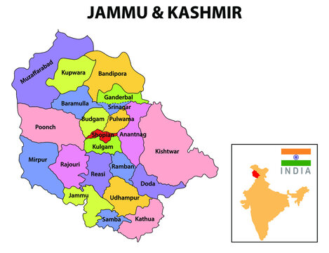 Jammu and Kashmir map. District map of Jammu and Kashmir in 2020. District map of Jammu and Kashmir in color with capital.