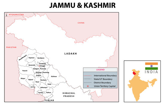 Outline map of Jammu and Kashmir.  Jammu and Kashmir administrative and political map. Jammu and Kashmir map with neighboring countries and border in white color.