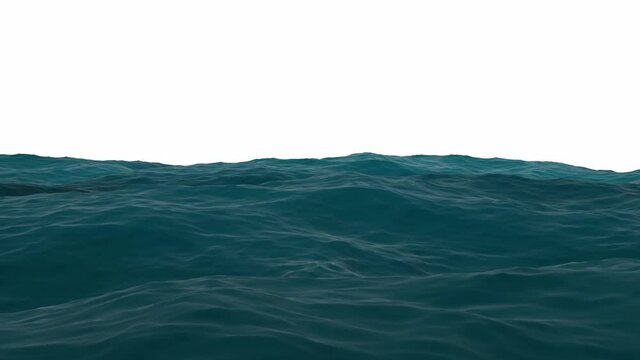 Birth and decay of a wave isolated on white background.. The calm water surface transforms into large waves and calms down. 3D render looping animation .