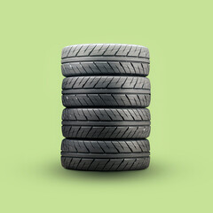 stack of summer eco-friendly green tires, square photo