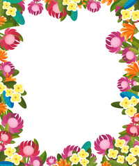 cartoon scene floral frame colorful flowers illustration