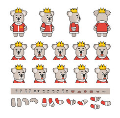 Cute koala king mascot creation kit. Create your own action, pose or animation. Vector illustration bundle