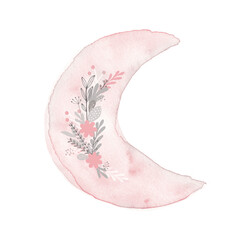 Watercolor Painting with Moon and Floral Branch. Boho Style  Illustration with Pastel Pink Floral Moon on a White Background. Lovely Print ideal for Card, Wall Art, Poster, Room Decoration. 