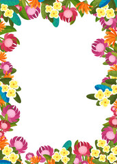 cartoon scene floral frame colorful flowers illustration