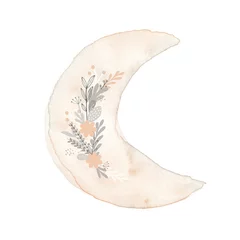 Fototapeten Watercolor Painting with Moon and Floral Branch. Boho Style  Illustration with Gold Floral Moon on a White Background. Lovely Print ideal for Card, Wall Art, Poster, Room Decoration.  © Magdalena