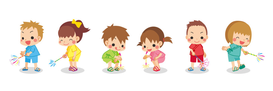 手持ち花火を楽しむ可愛い小さな子供たちのイラスト　甚平　夏　セット　白背景　グループ　花火