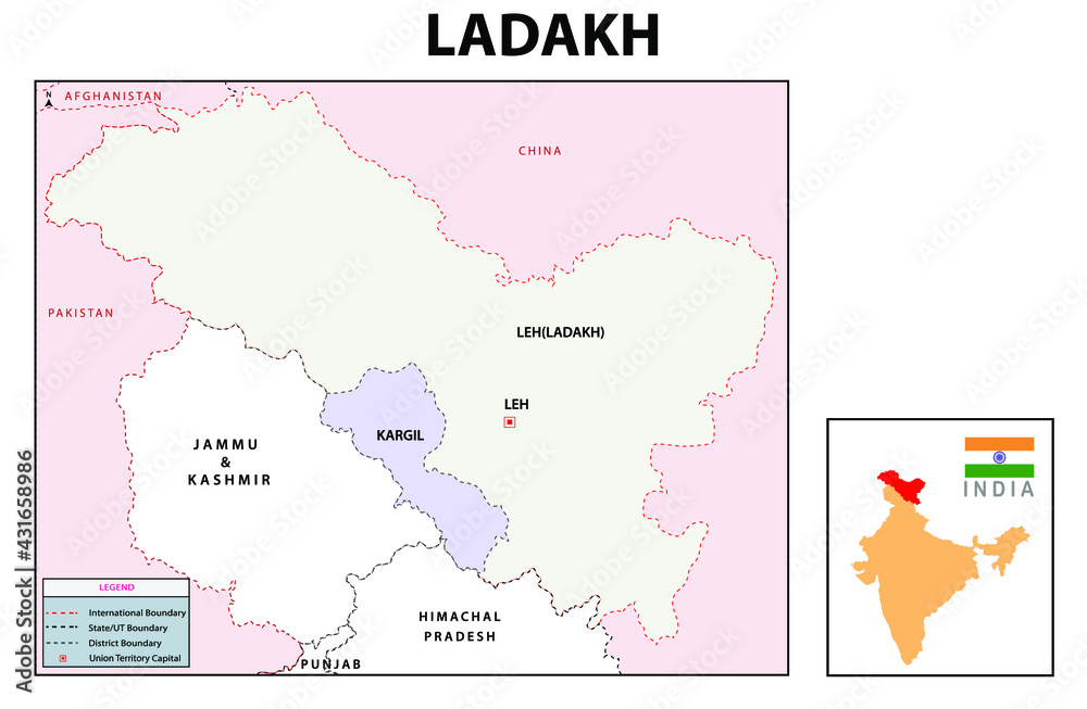 Wall mural Ladakh map. Ladakh administrative and political map. Ladakh map with neighboring countries and border.