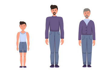 Obraz premium man at different ages. Little boy, adult man, old man elderly pensioner. Vector character in a static pose