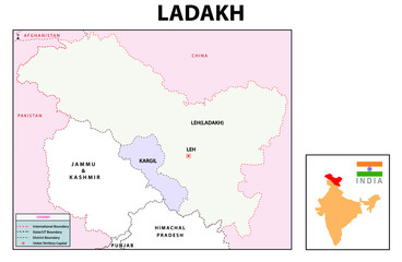 Ladakh map. Ladakh administrative and political map. Ladakh map with neighboring countries and border.