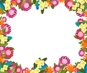 cartoon scene floral frame colorful flowers illustration