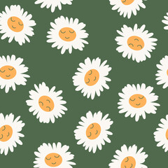 Abstract floral seamless pattern with chamomile with cute faces. Camomile flowers. Trendy hand drawn textures. Meadow flowering plant. Vector illustration for kids, paper, cover, fabric and poster.