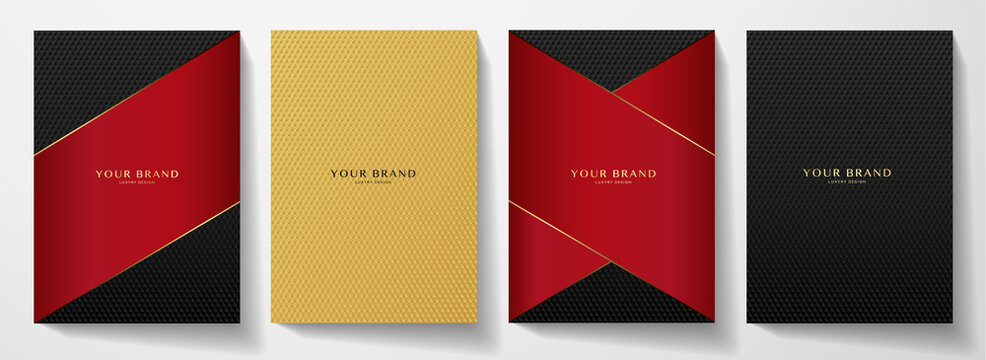 Modern red, black cover design set. Creative abstract with diagonal line, carbon pattern (triangle texture) on background. Premium vector collection for catalog, brochure template, magazine, booklet