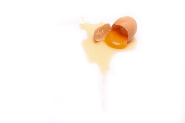 The fallen organic egg lies broken with the eggshell smashed and yolk and white flowing out of it. 