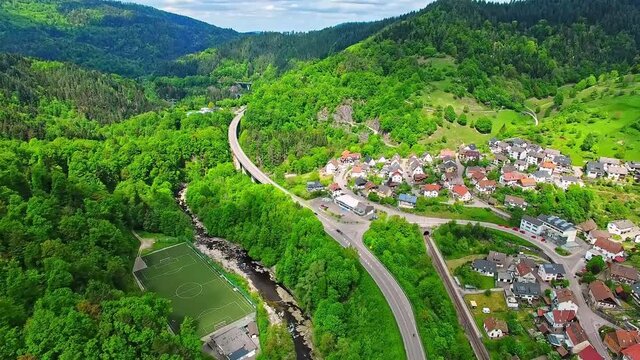 Aerial shot of the highways along the mountains in Forbach and surrounding views