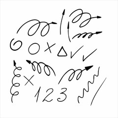 Set of vector arrows pointers circles, triangles, zigzags, crosses in doodle style.