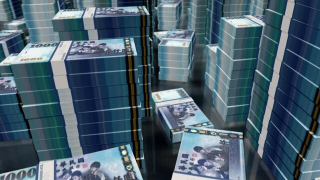 Taiwan Dollar money notes packs loop. 3D flight over TWD banknotes stacks towers. Loopable seamless animation. Abstract background concept of business, economy crisis, recession and finance.