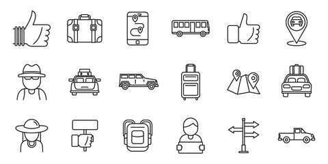 Hitchhiking automobile icons set, outline style