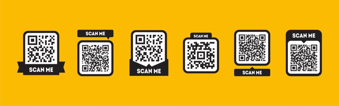 Scan me tag set with QR codes. Qrcode icon for mobile app isolated on yellow background