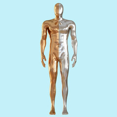 A silvery male mannequin stands in a relaxed position against a light blue background. 3d rendering