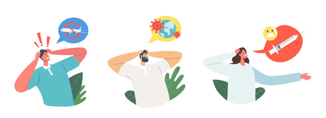 Set of Male and Female Characters with Different Types of Fear. People with Phobia to Fly on Airplane, Global Pandemic