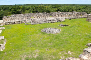 Ek Balam, Temozon, Yucatan, Mexico. Top view from Acropolis pyramid on the temples in the middle of the jungles. 