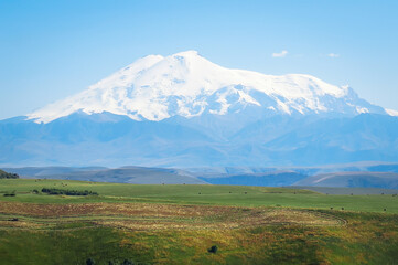 View of the highest mountain in Europe - Elbrus, 5642m. Located in Russia, Caucasus