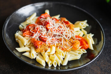 pasta eggplant tomato sauce cheese pasta alla norma vegetable second course snack trend meal copy space food background rustic 